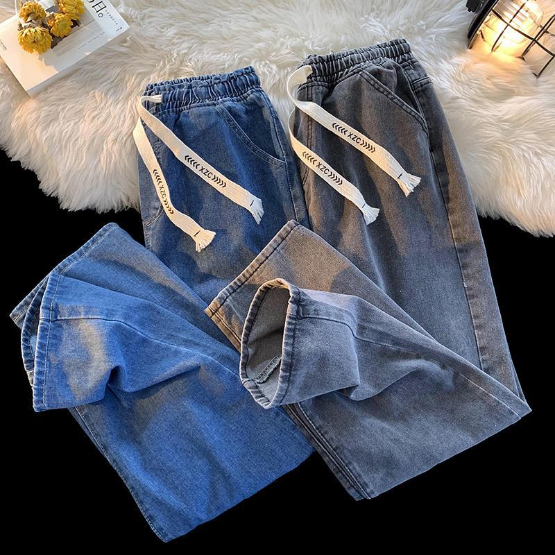Straight Leg Jeans Young Men'S Hong Kong-Style Loose Casual Light Color Pants Student'S Micro-Elastic Elastic Waist Washed Cropped Pants - Image 4
